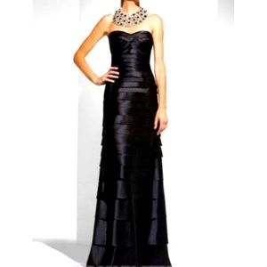 BCBGMaxAzria strapless raw hem tiered gown